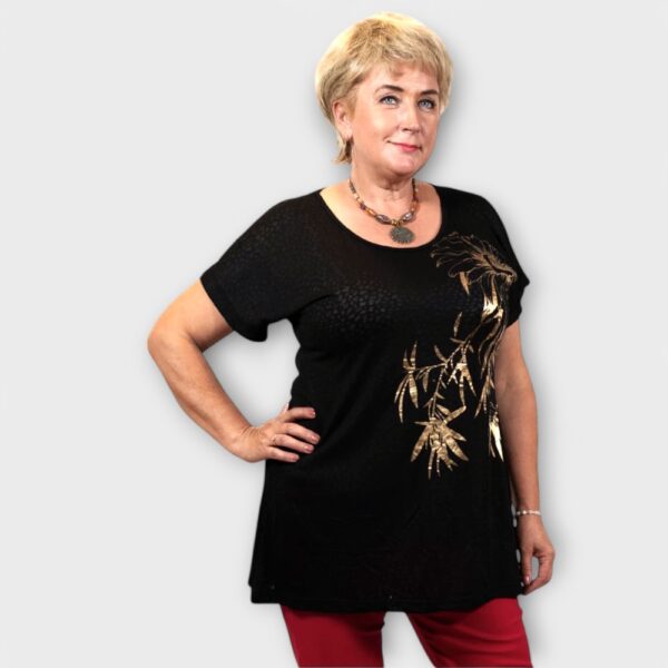 TU.092 -  Musta  kultaisella lehtikuviolla  tunika "Yours Curvy"