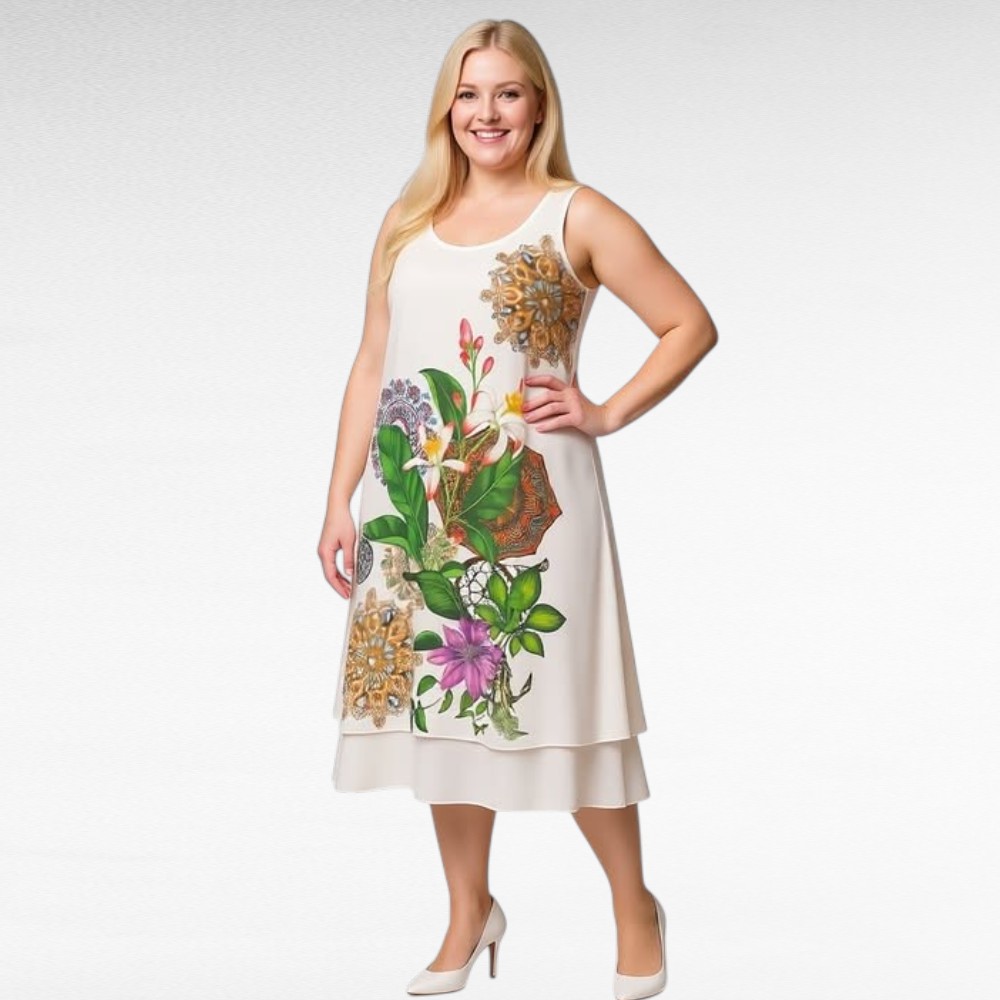 Valkoinen hihaton  mekko lilijan kuviolla ”Italy Moda”(KL.691)