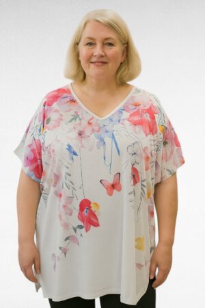 TU.666- Valkoinen tunika perhoskukkakuosilla "Esmira Fashion"