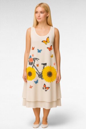 KL.692-Valkoinen mekko pyörä-ja perhoskuviolla "Italy Moda"