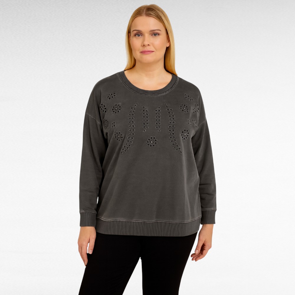 TU.646-Tummanharmaa collegepaita brodeeratulla etuosalla – "Janet & Joyce"