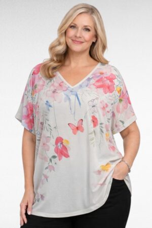 TU.666- Valkoinen tunika perhoskukkakuosilla "Esmira Fashion"