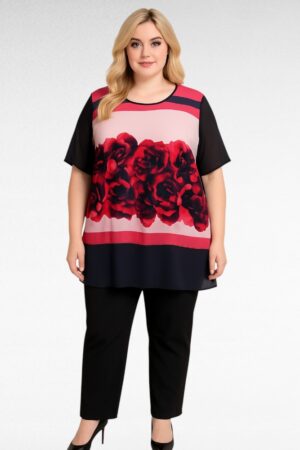 TU.672- Tummasininen tunika kukkakuviolla"Magmara"