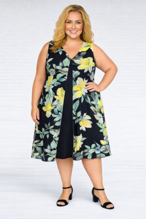 Kaksikerrokinen musta hihaton mekko keltaisella kukkakuosilla"Evans"(KL.598)