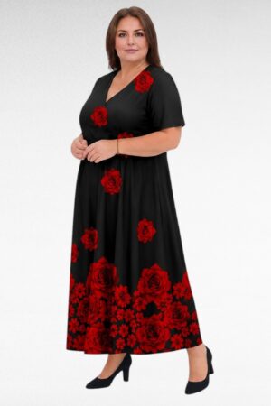 Musta pluskoko mekko punaisella ruusukuosilla"Rosemarie"( KL.675)