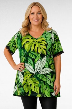 Vihreä tunika pluskoko lehtikuviolla "Esmira Fashion"(TU.648)