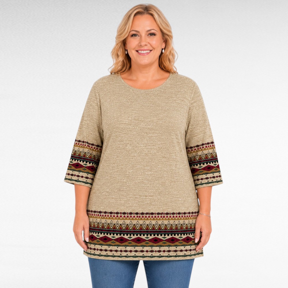 Beige pluskoko painettu etninen tunika(TU.735)