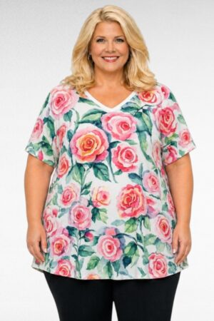 Valkoinen pluskoko ruusukuvioinen tunika "Esmira Fashion"(TU.652)