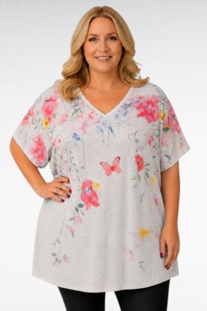 Valkoinen pluskoko tunika perhoskukkakuosilla "Esmira Fashion"(TU.666)